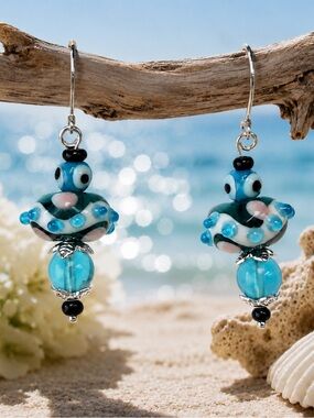 Lamp Work, Aqua Chalcedony & Art Glass Eye of Protection Beaded Dangle Earrings
